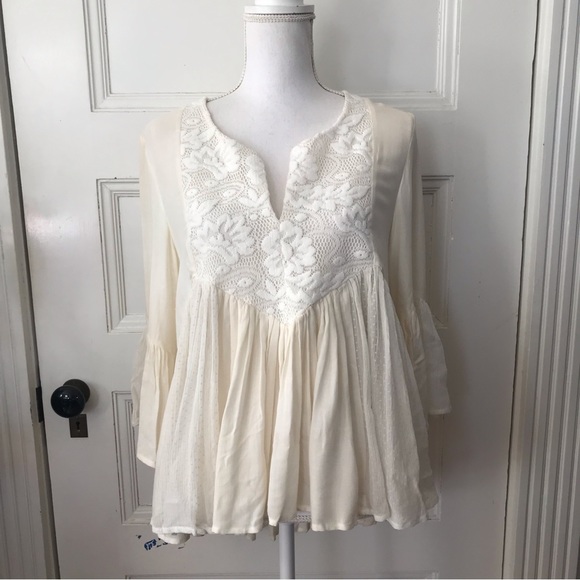 Anthropologie Ella Moss Boho Ivory Blouse Top Lace Front Rayon - Picture 1 of 8